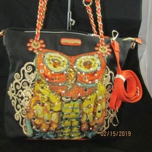 NICOLE LEE Black Canvas & Orange Leather Trim Bag